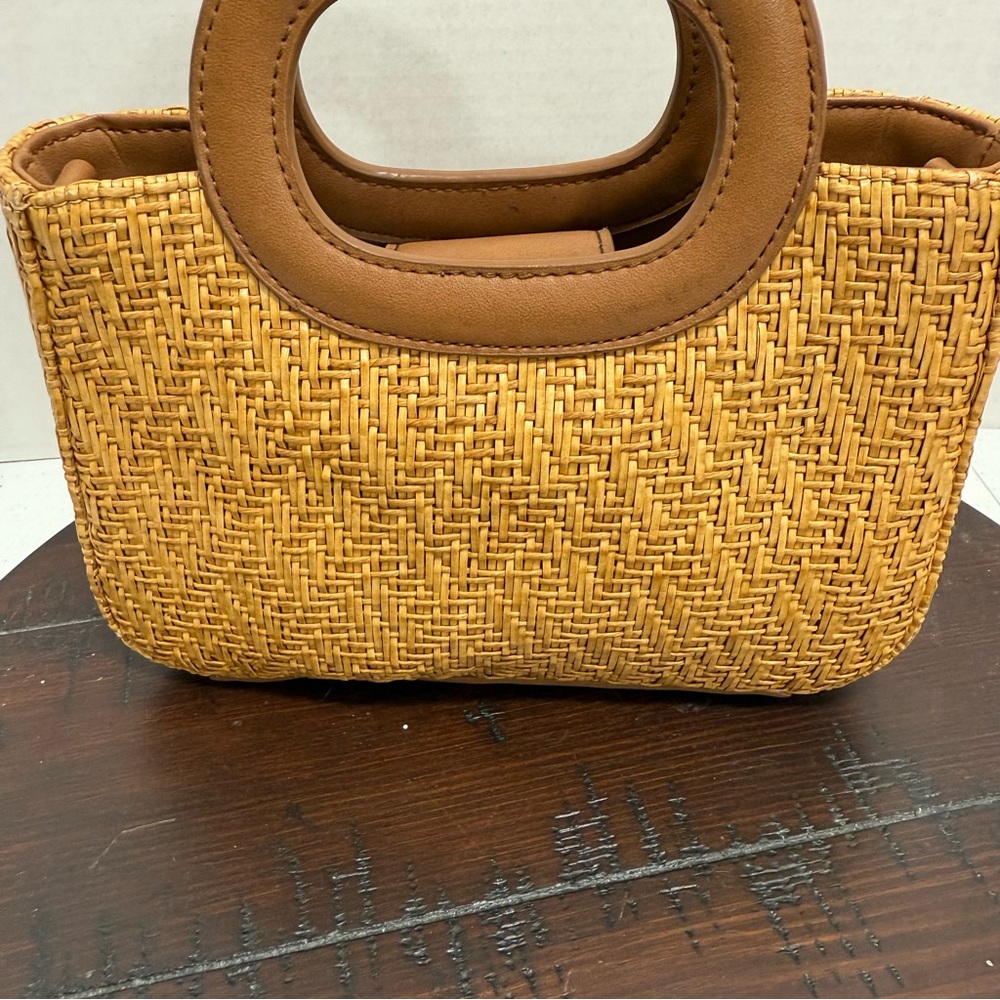 Fossil Handbag Brown Leather with Woven Raffia Double Handles Lined Purse Y2K - Picture 6 of 14